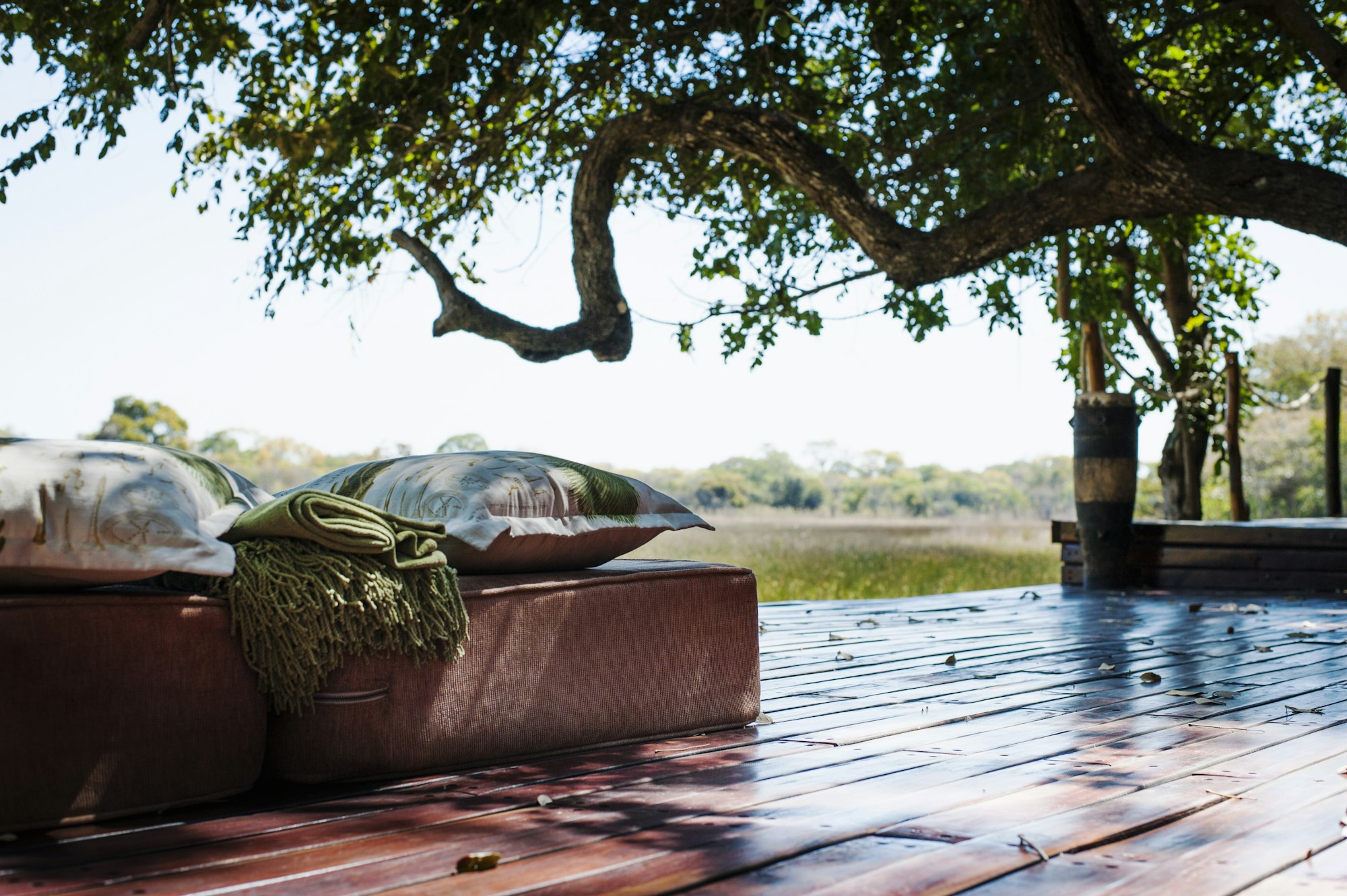 View of seats at safari lodge, Kafue National Park, Zambia