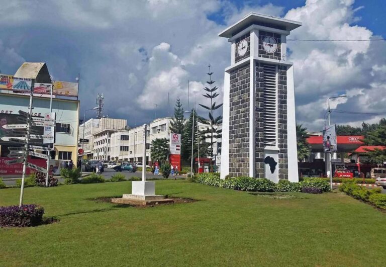 The Arusha Clock Tower roundabout in the centre of Arusha, northern Tanzania
