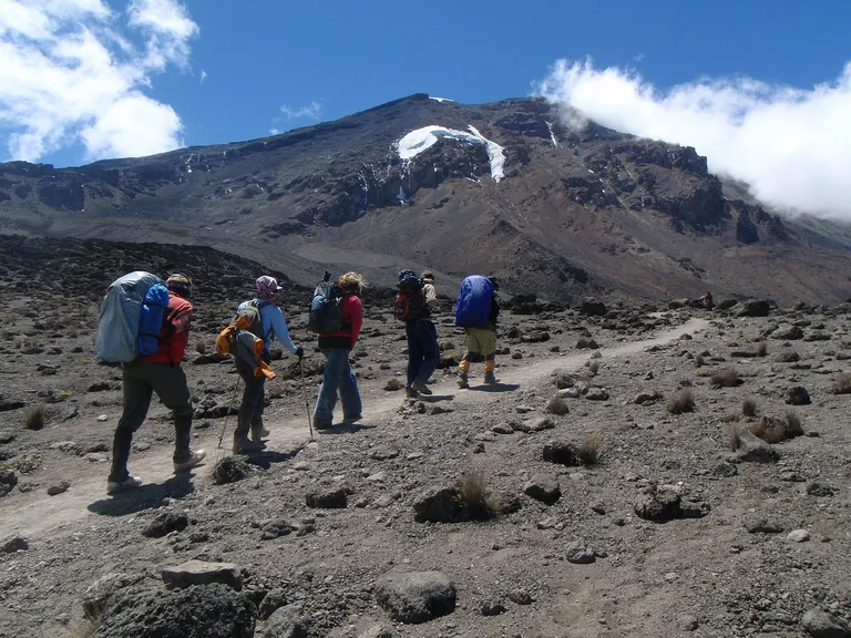 Climbers walking towards Lava Tower on Kilimanjaro